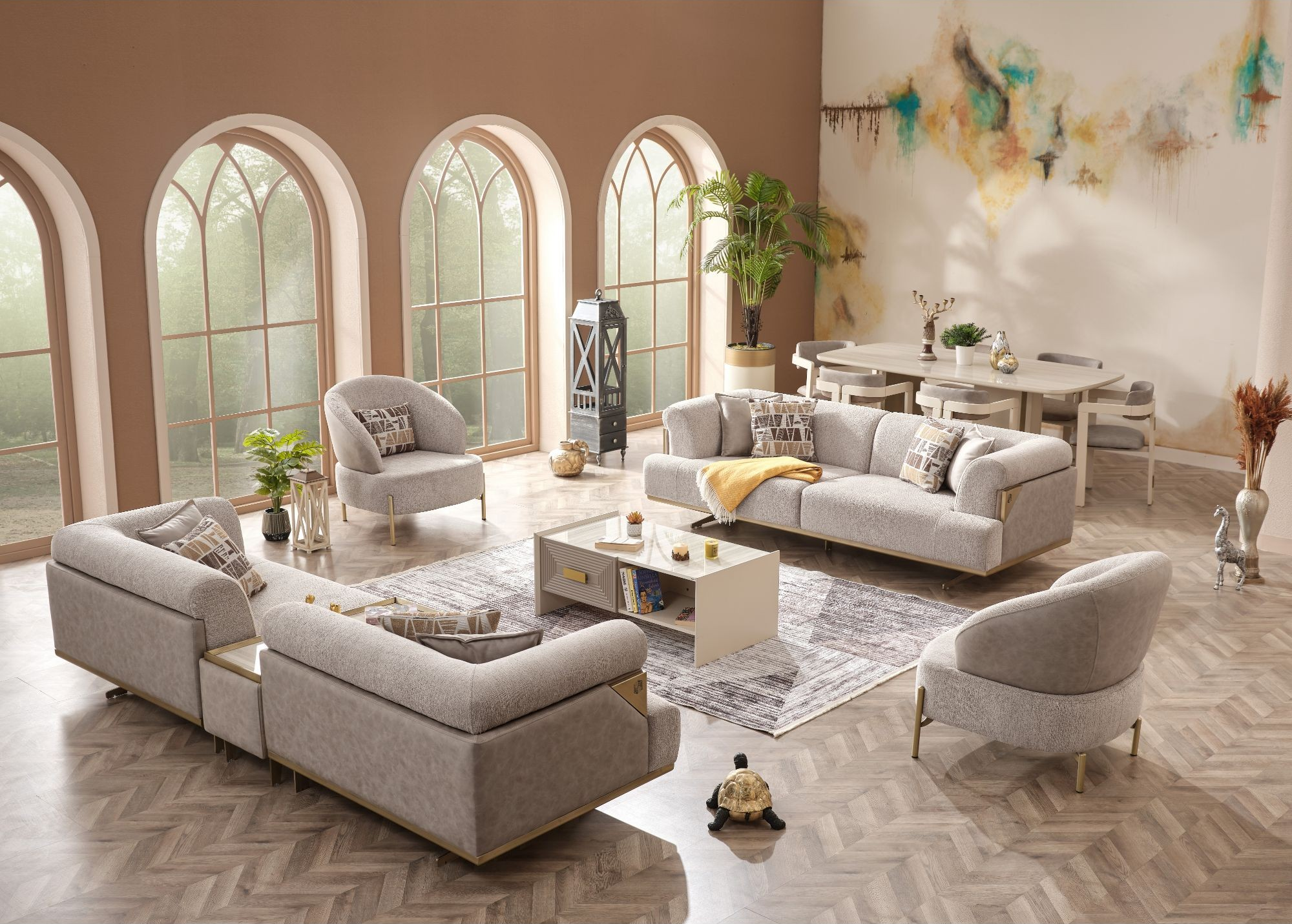 Urla Stationary Living Room Set (Cream)