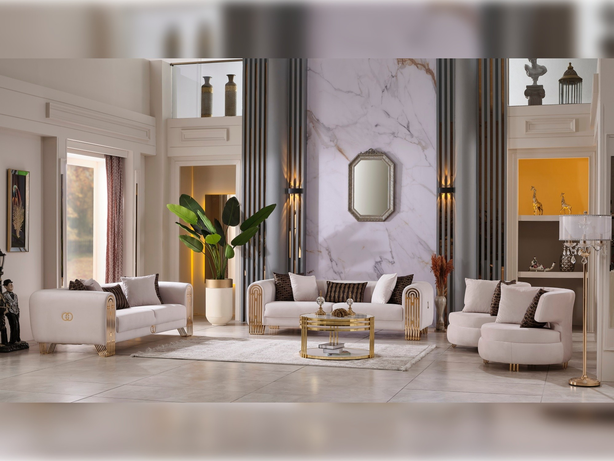 Monaco Stationary Living Room Set (Cream)