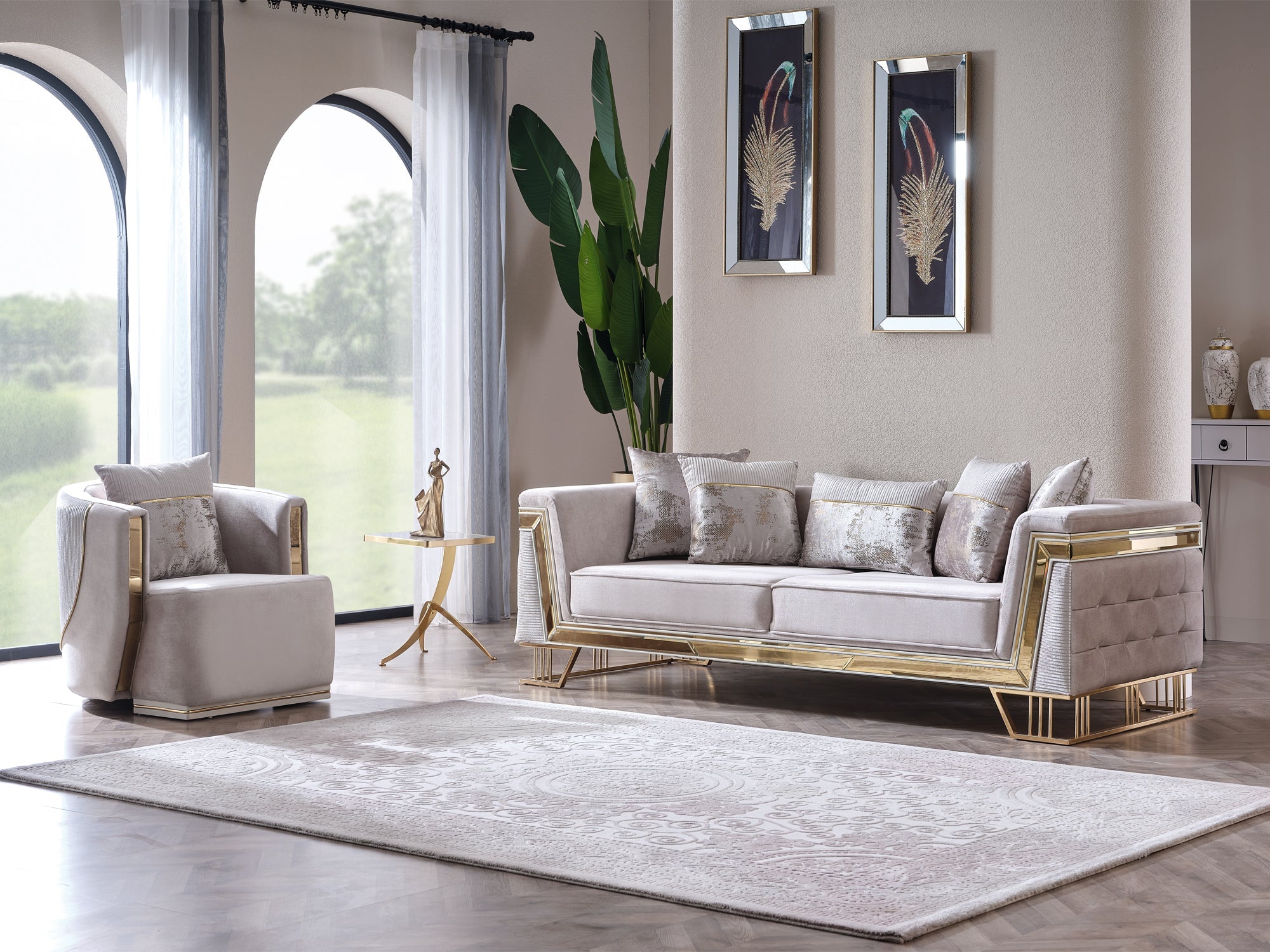 Munich Stationary Living Room Set (Cream)