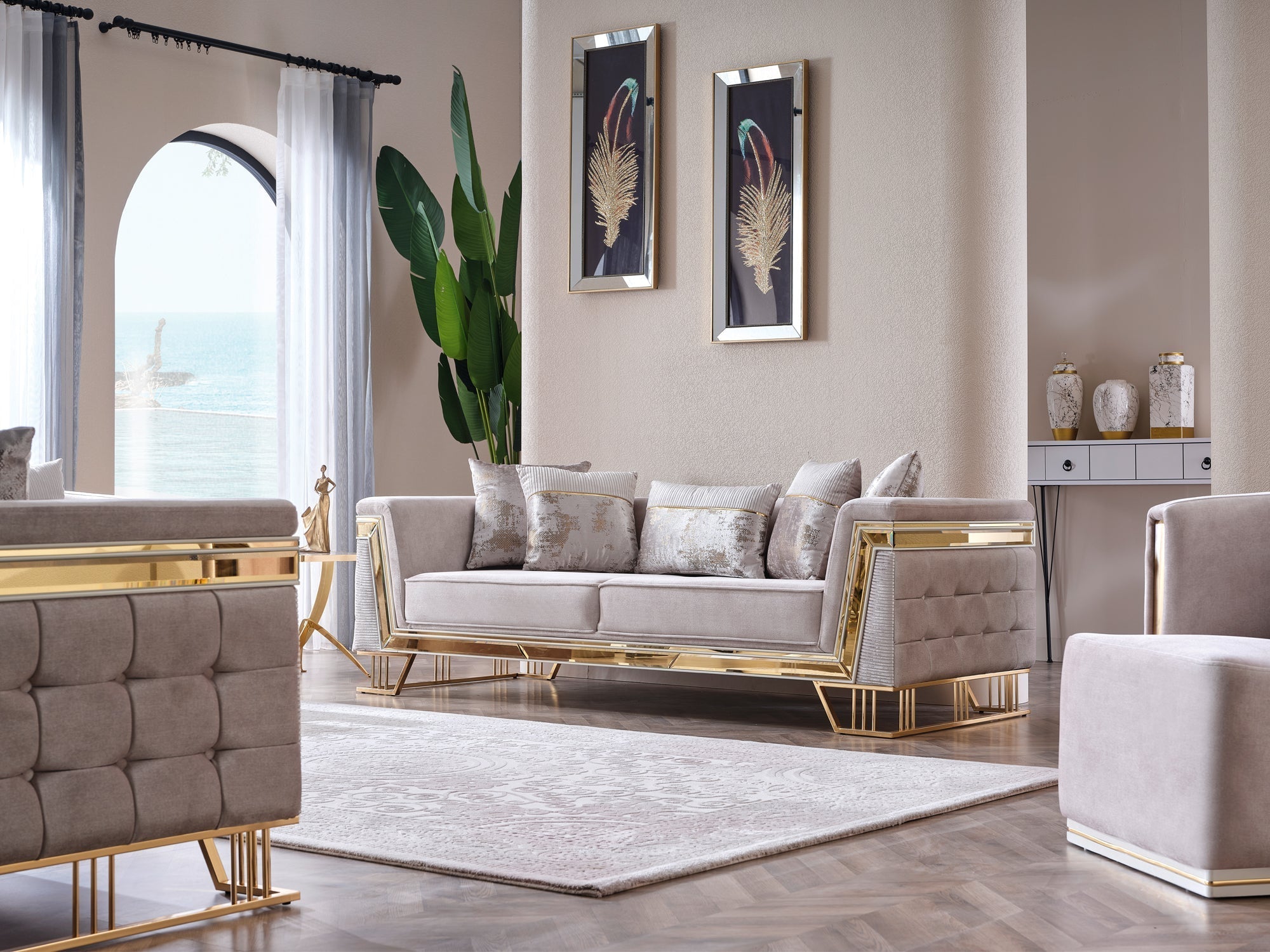 Munich Stationary Living Room Set (Cream)