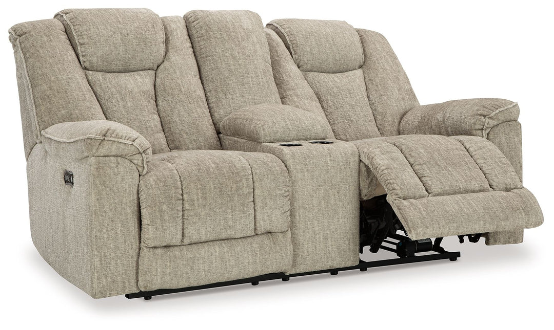 Hindmarsh - Stone - Power Reclining Loveseat with Console/ Adj Hdrst