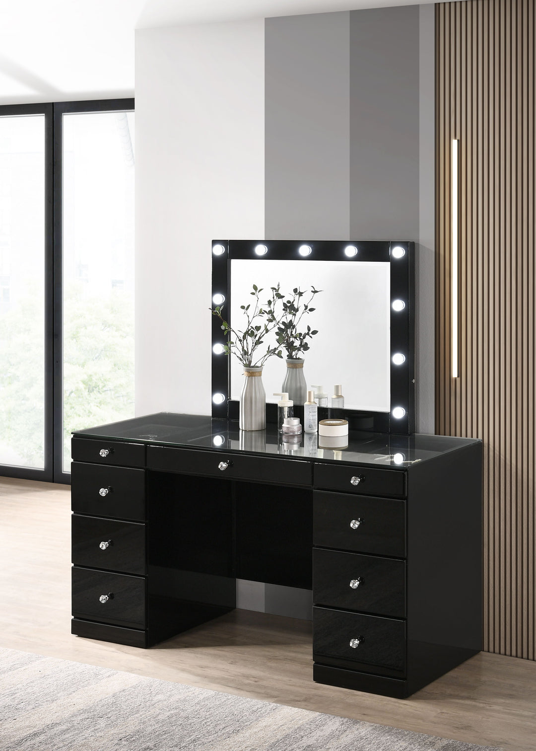 Avery - Vanity Desk With Glass Top And LED Mirror - Black