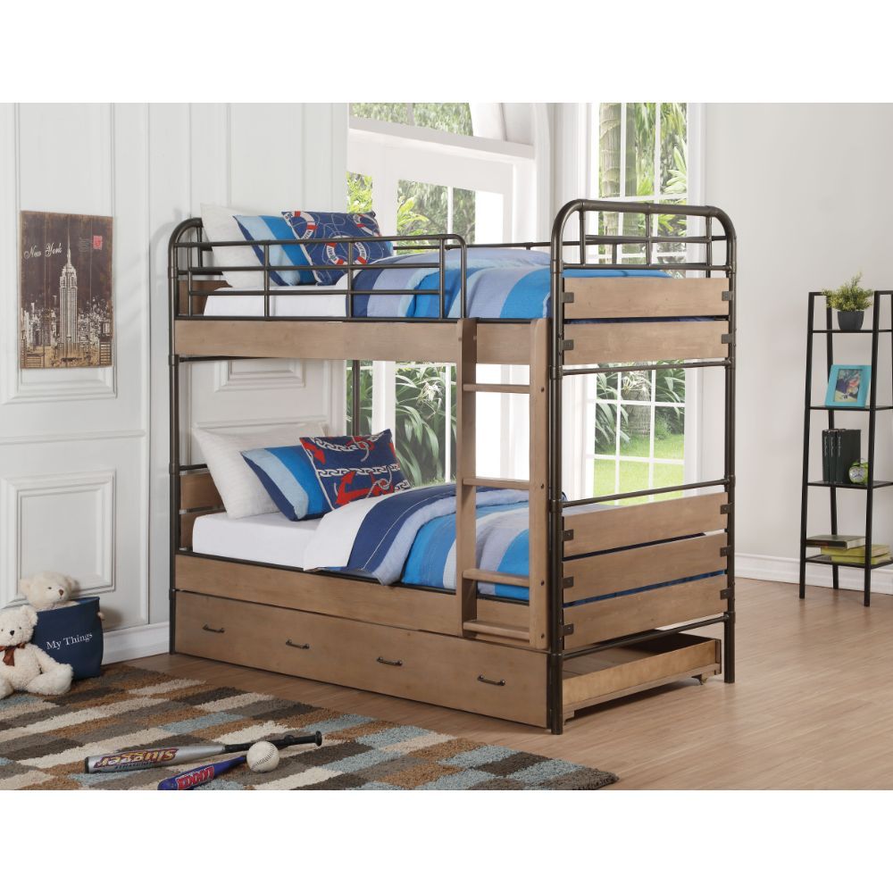 Adams - Twin Over Twin Bunk Bed & Trundle - Antique Oak & Gunmetal