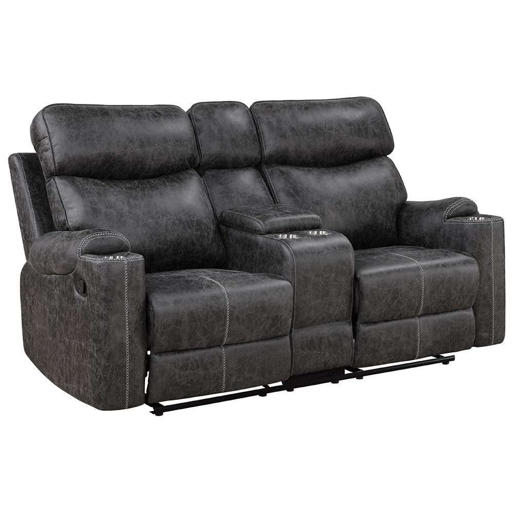 Hirah - Motion Loveseat With Console & USB Port - Dark Gray Polish Microfiber