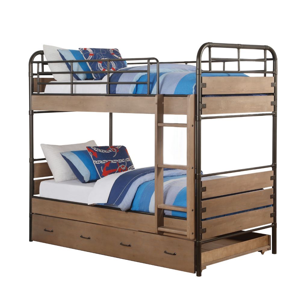 Adams - Twin Over Twin Bunk Bed & Trundle - Antique Oak & Gunmetal