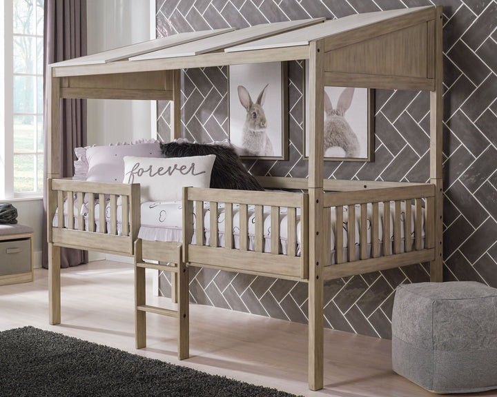 Wrenalyn - White / Brown / Beige - Twin Loft Bed with Roof Panels