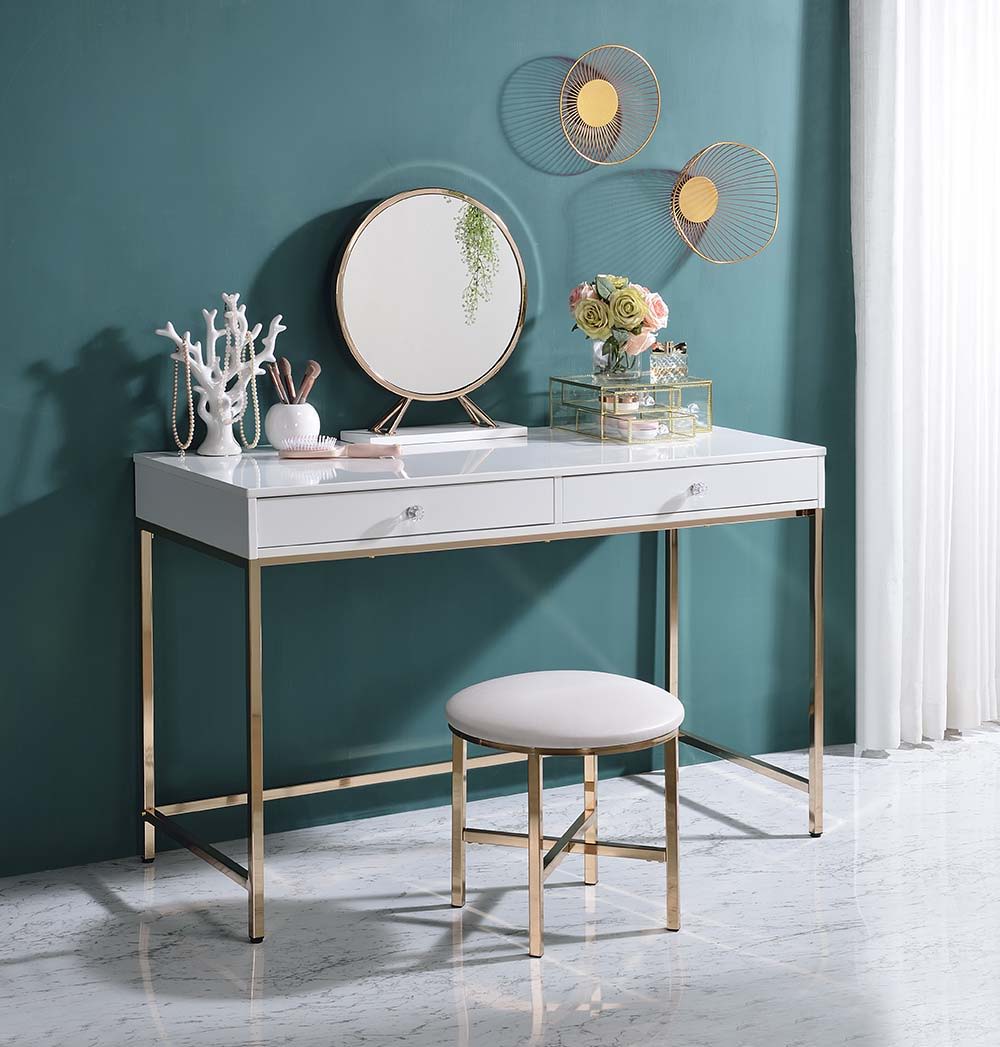 Ottey - Vanity Desk - White High Gloss & Gold Finish