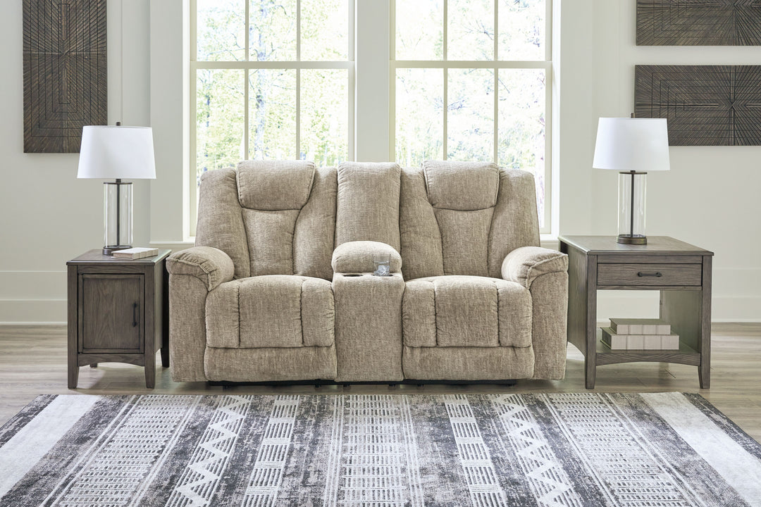 Hindmarsh - Stone - Power Reclining Loveseat with Console/ Adj Hdrst