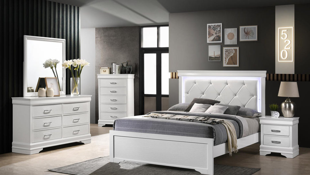 BROOKLYN WHITE BEDROOM SET KING BED DRESSER MIRROR AND 2 N/S (GALAXY)