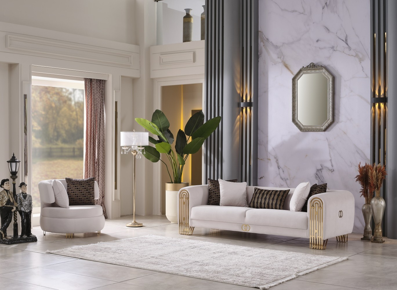 Monaco Stationary Living Room Set (Cream)