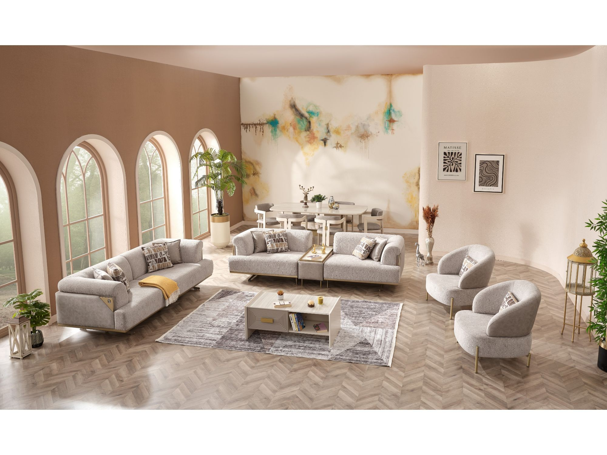 Urla Stationary Living Room Set (Cream)