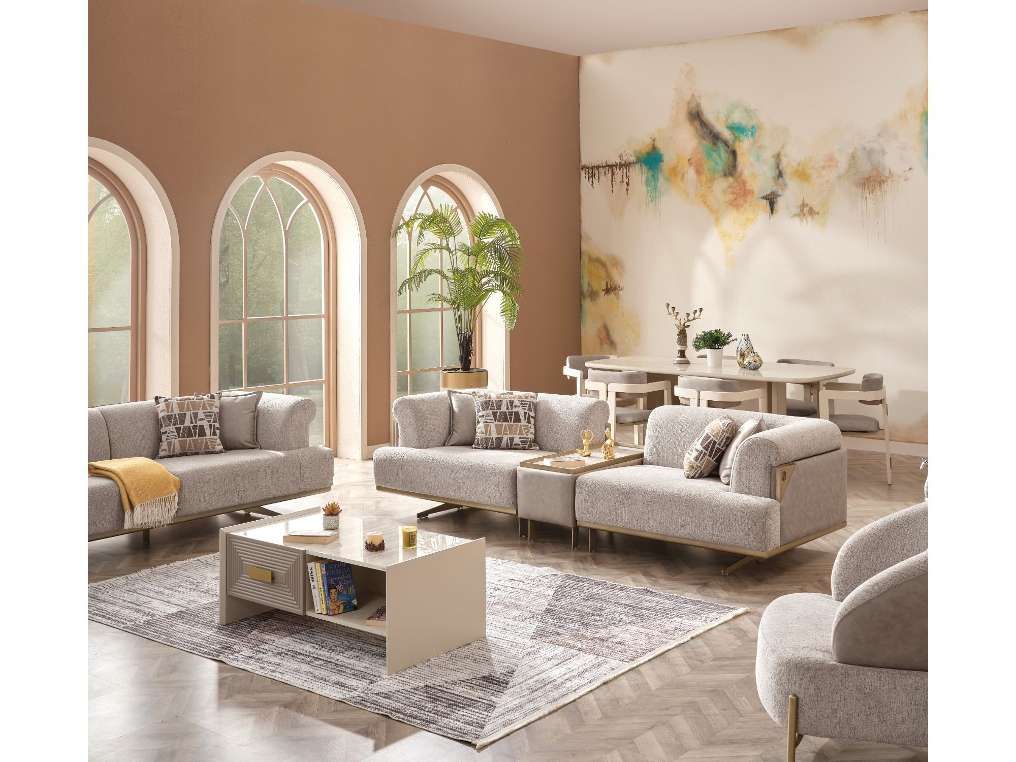 Urla Stationary Living Room Set (Cream)