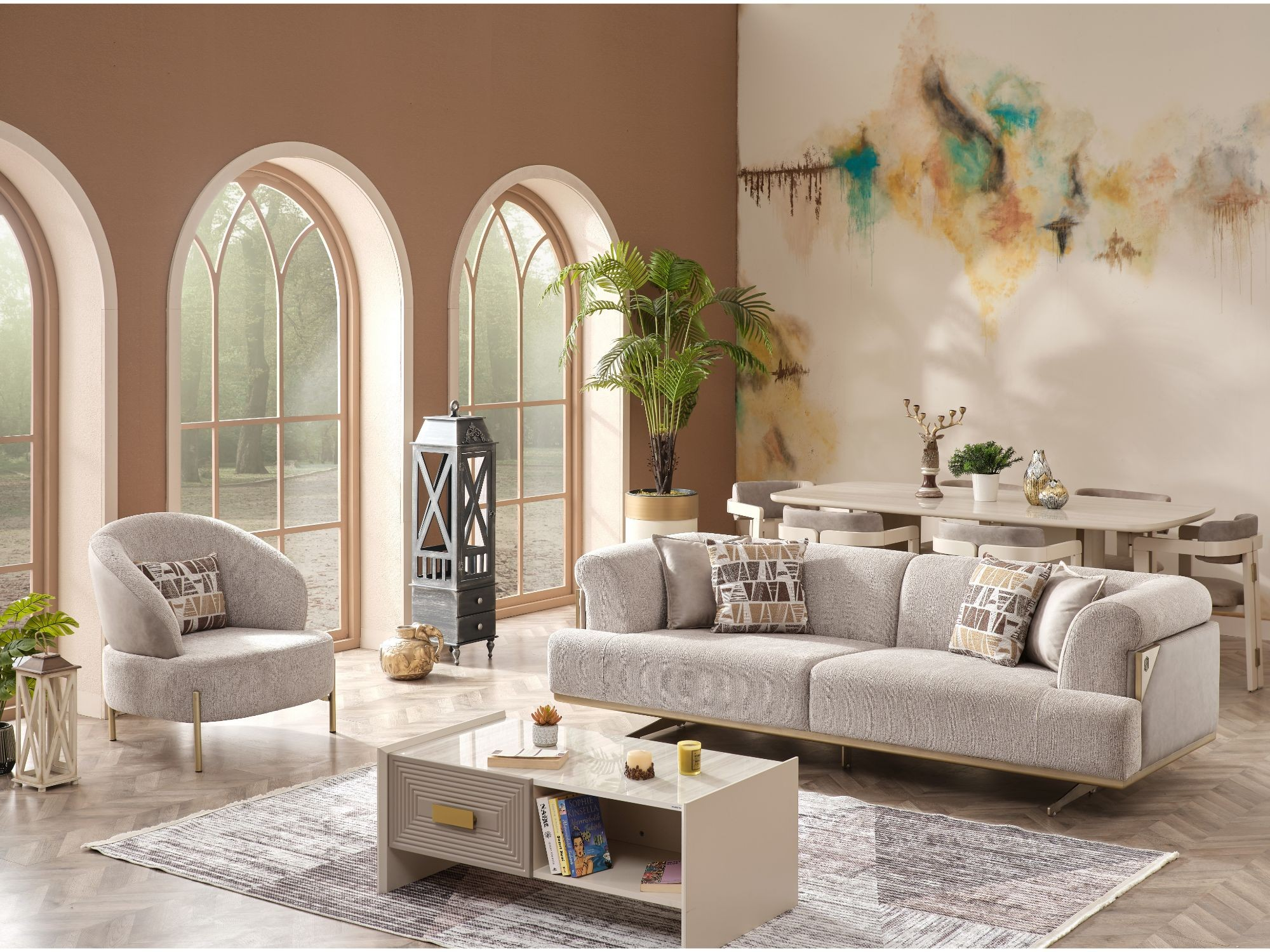 Urla Stationary Living Room Set (Cream)