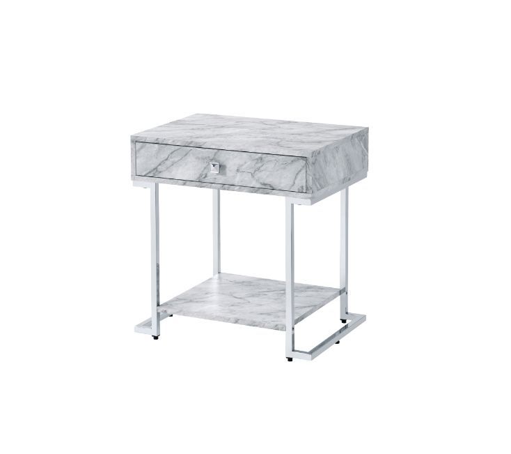 Wither - Accent Table - White Printed Faux Marble & Chrome Finish