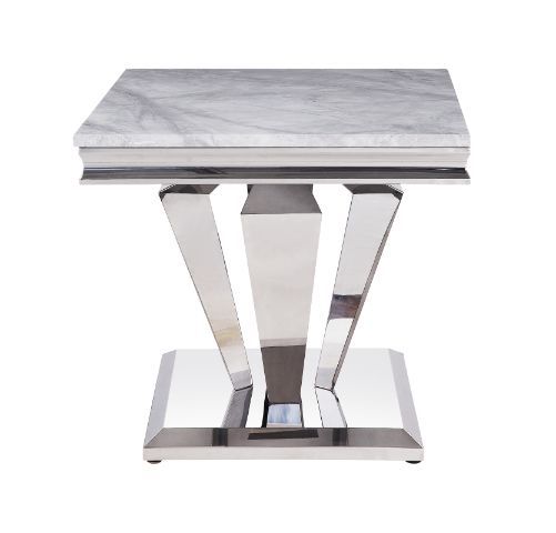 Satinka - End Table - Light Gray Printed Faux Marble & Mirrored Silver Finish