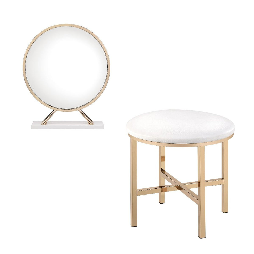 Midriaks - Vanity Mirror & Stool - PU, White & Gold Finish