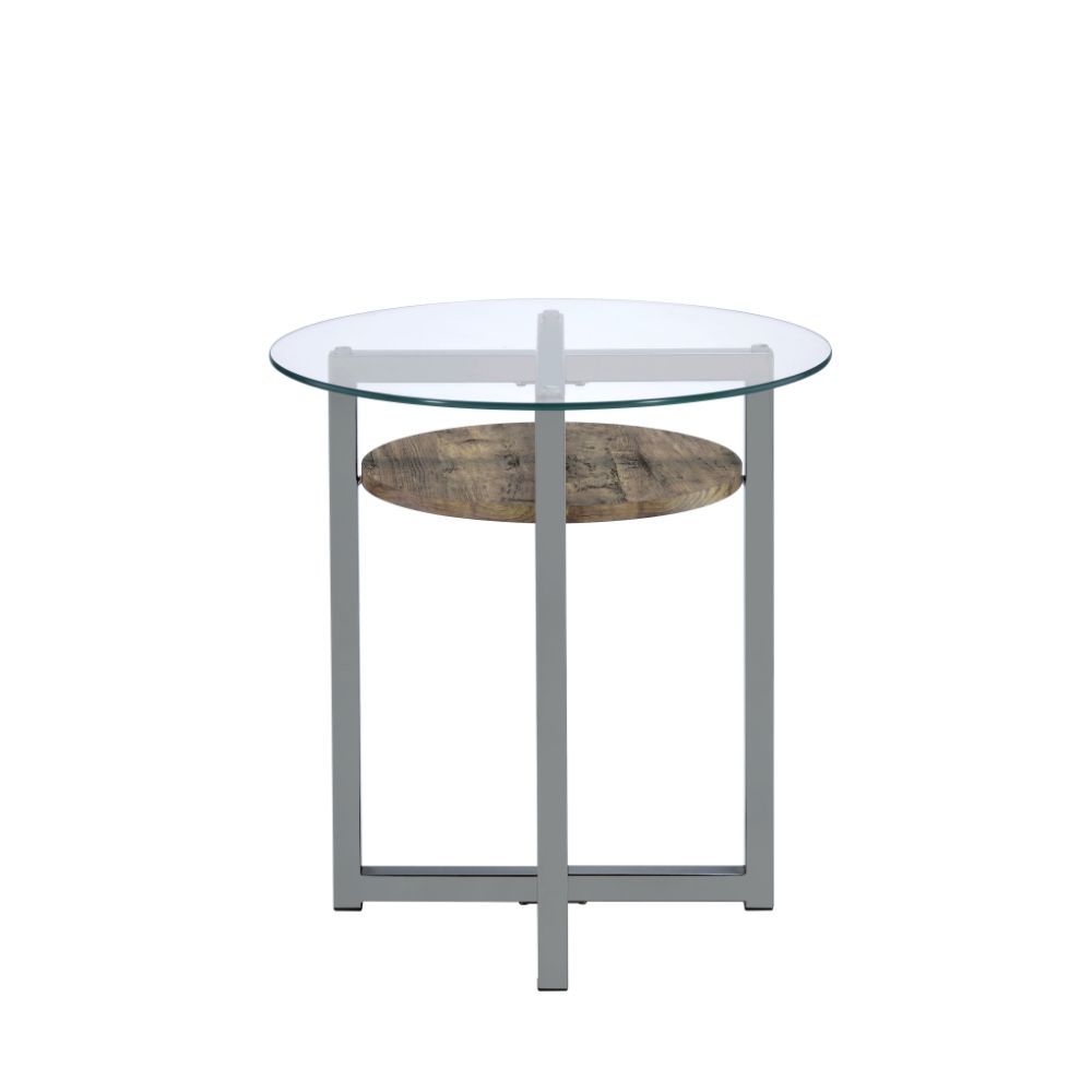 Janette - End Table - Weathered Oak, Black Nickel & Clear Glass