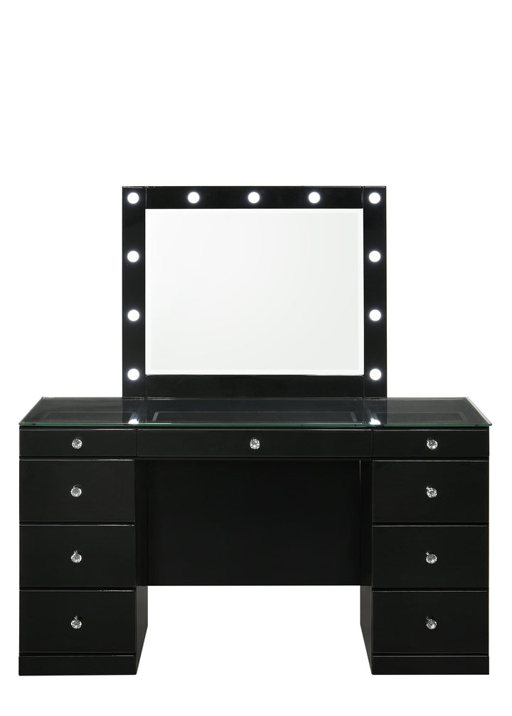 Avery - Vanity Desk With Glass Top And Led Mirror - Black