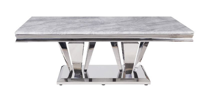 Satinka - Coffee Table - Light Gray Printed Faux Marble & Mirrored Silver Finish